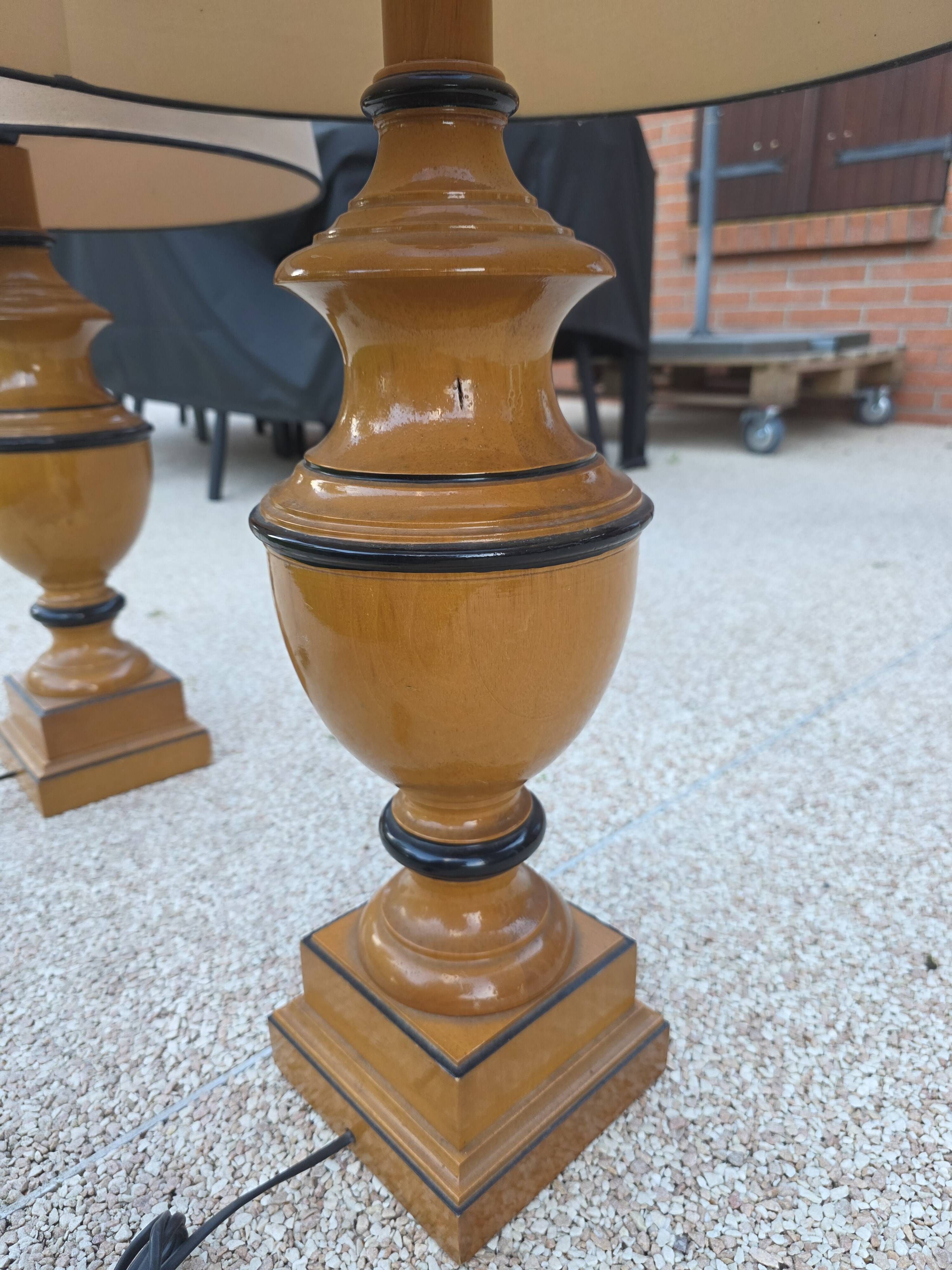 Pair of large Le Dauphin Verdennes lamps made of turned wood from the 1970s.