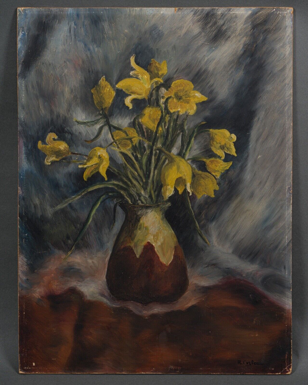 Huile sur panneau a corbeau ou cozbeau nature morte au bouquet de fleurs