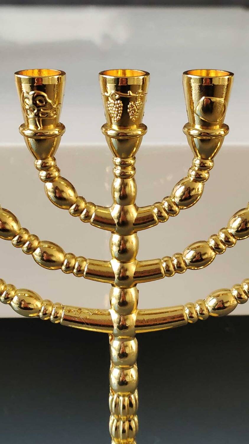 Menorah/Jewish/Hebrew candlestick with 7 arms of light. Engraved with the symbols of the 12 tribes of Israel/Holyland inscription. In gold metal. Size 20 x 16 cm