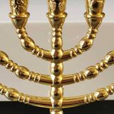 Menorah/Jewish/Hebrew candlestick with 7 arms of light. Engraved with the symbols of the 12 tribes of Israel/Holyland inscription. In gold metal. Size 20 x 16 cm