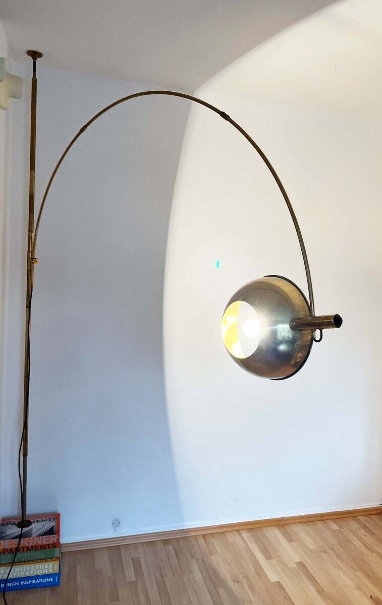 German Postmodern Vintage Brass Arc Floor Lamp with Clamp Rod attributed to Florian Schulz, 1970s