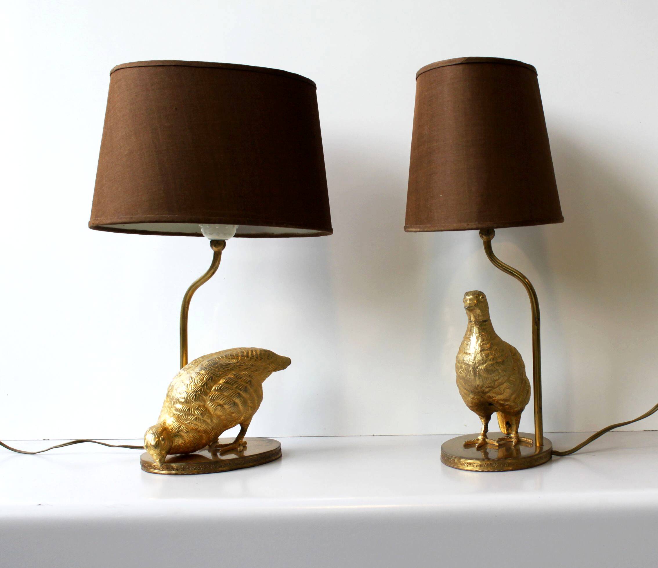 Paire de lampes perdrix en métal doré, 60’s
