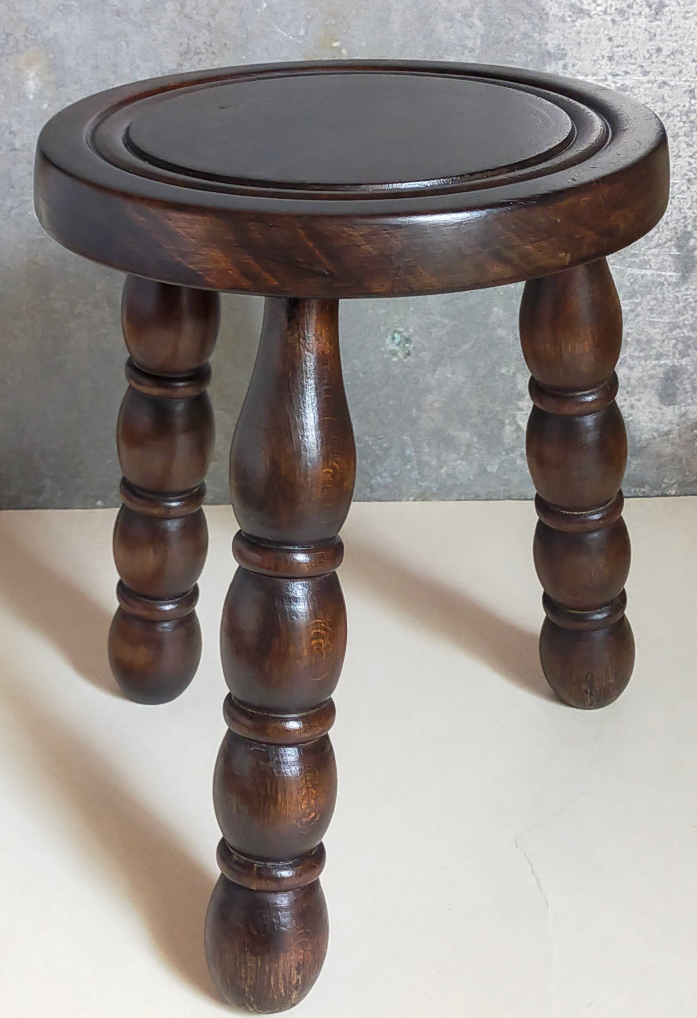 Vintage solid turned wood tripod stool