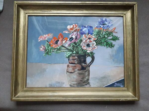 Tableau ancien représentant un bouquet d'anémones