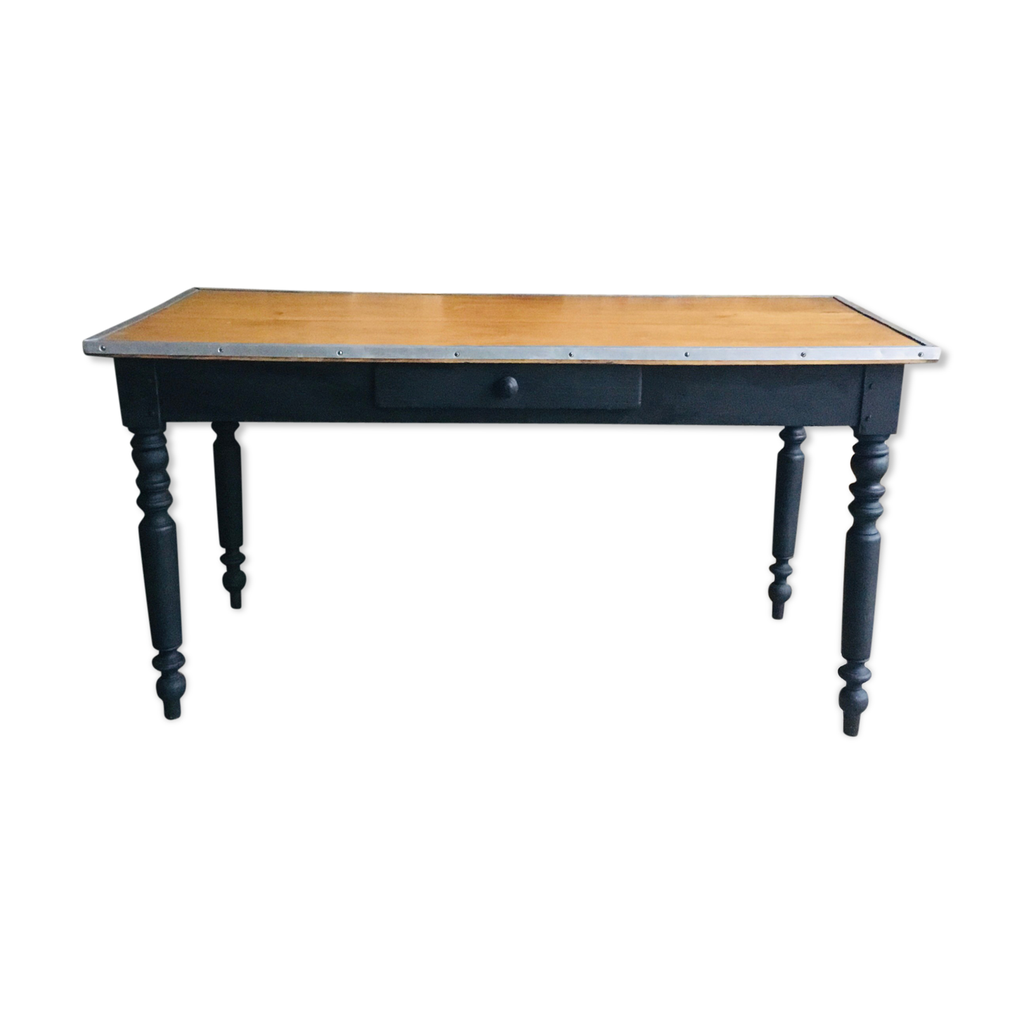 Black pietement farm table - metal strapping - turned feet - 20th century