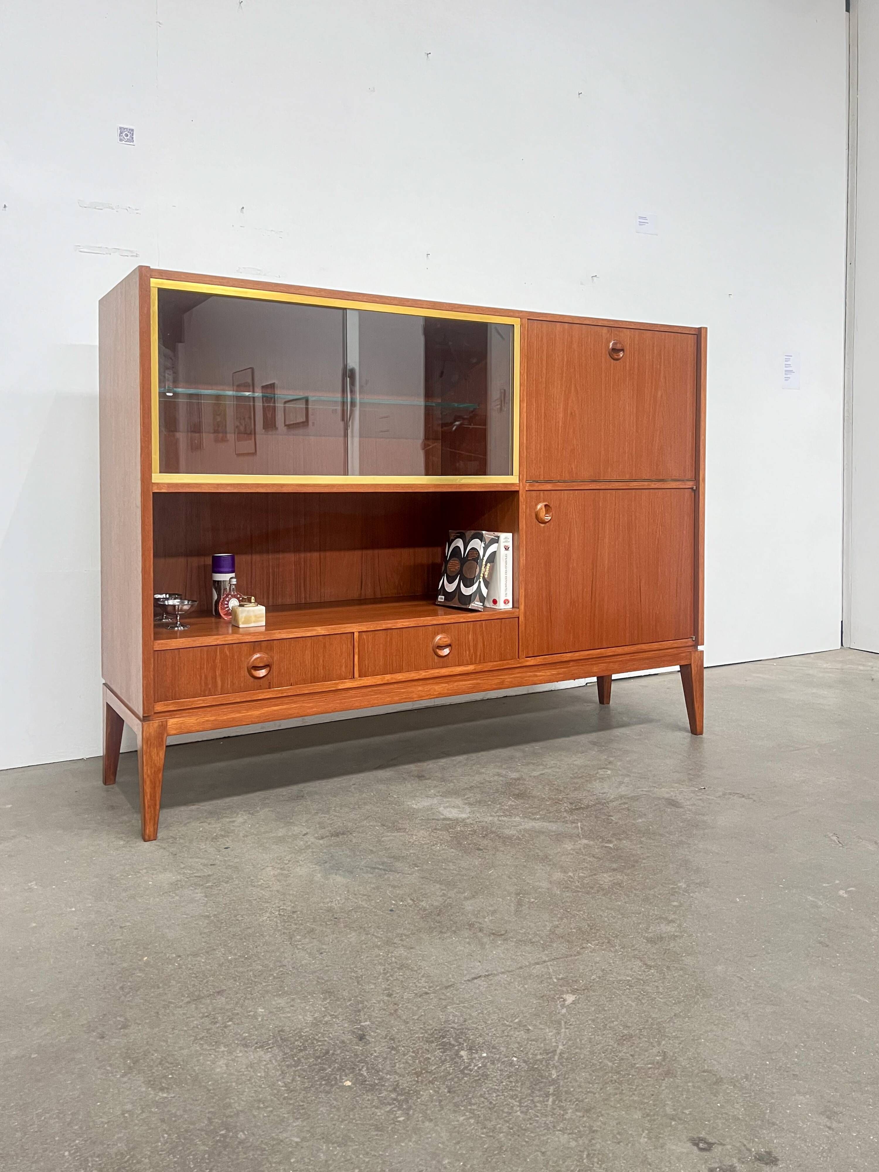High vintage wooden sideboard with display cabinet and bar - Scandinavian style