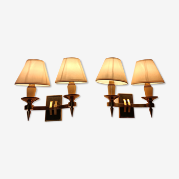 Pair of wall lamps in gilded brass and bronze with green patina with two arms. 1940/1950.