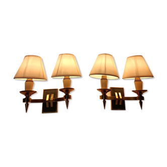 Pair of wall lamps in gilded brass and bronze with green patina with two arms. 1940/1950.