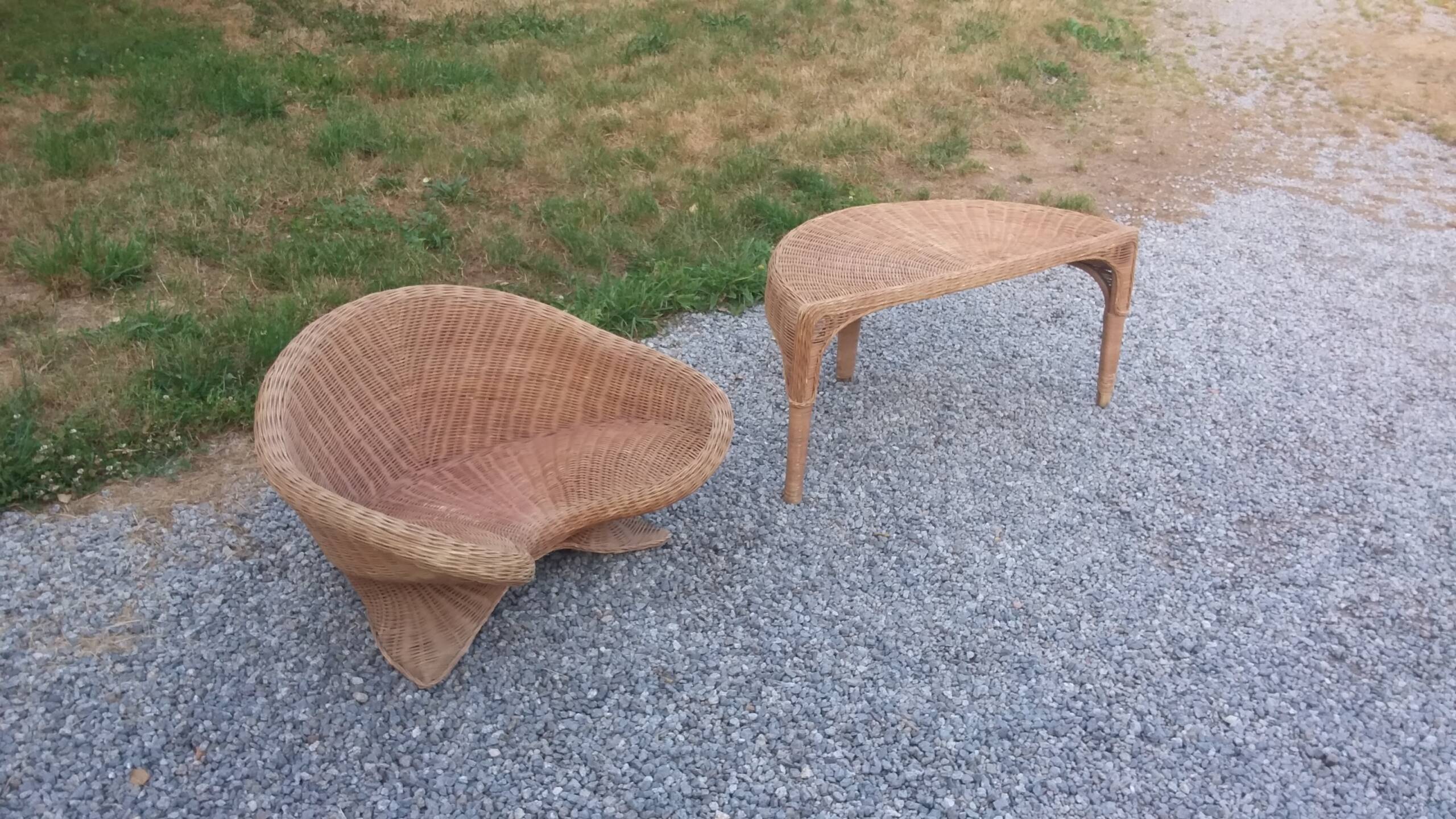 Rattan armchair and rattan coffee table from the 70s