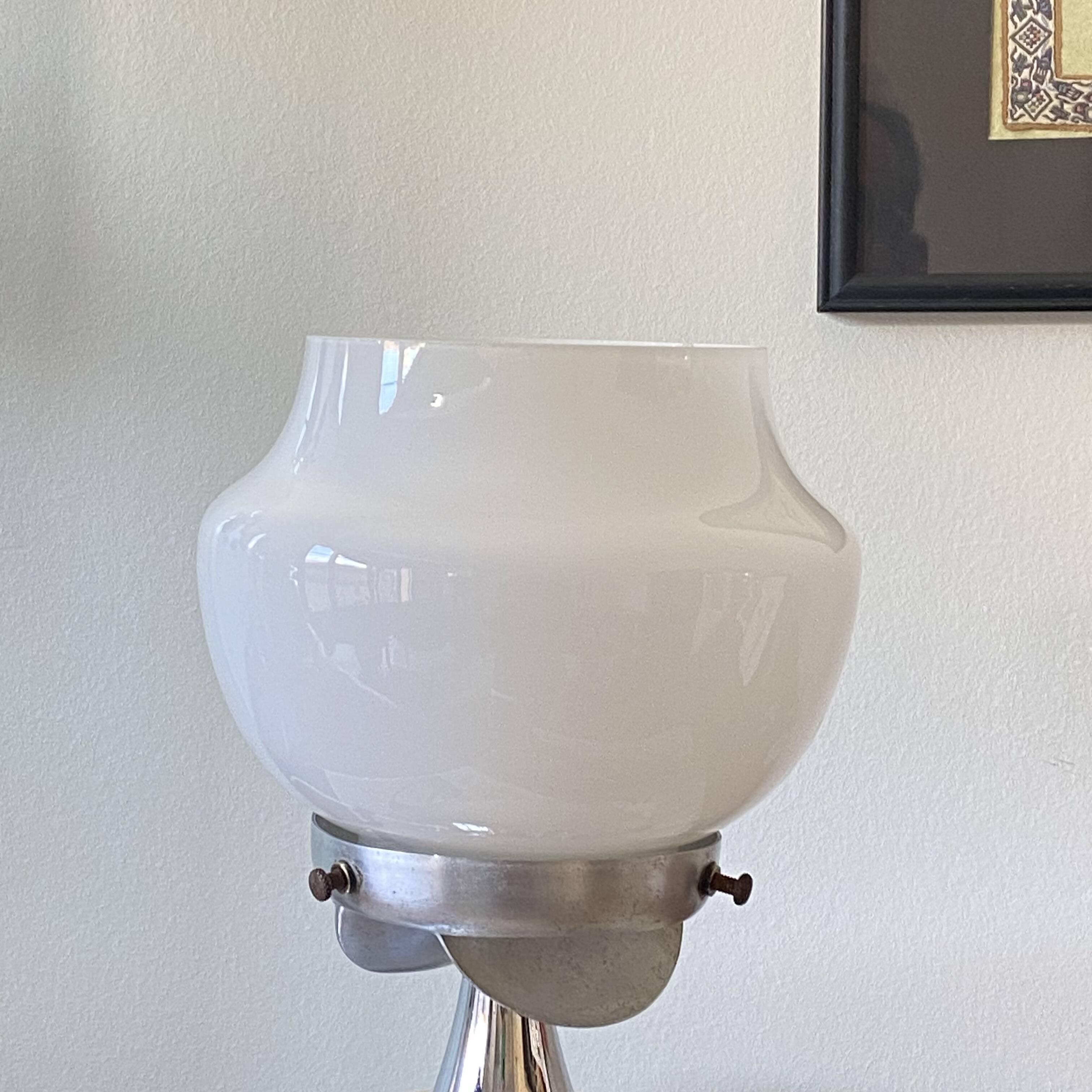 Vintage globe lamp in white opaline glass and chrome metal.