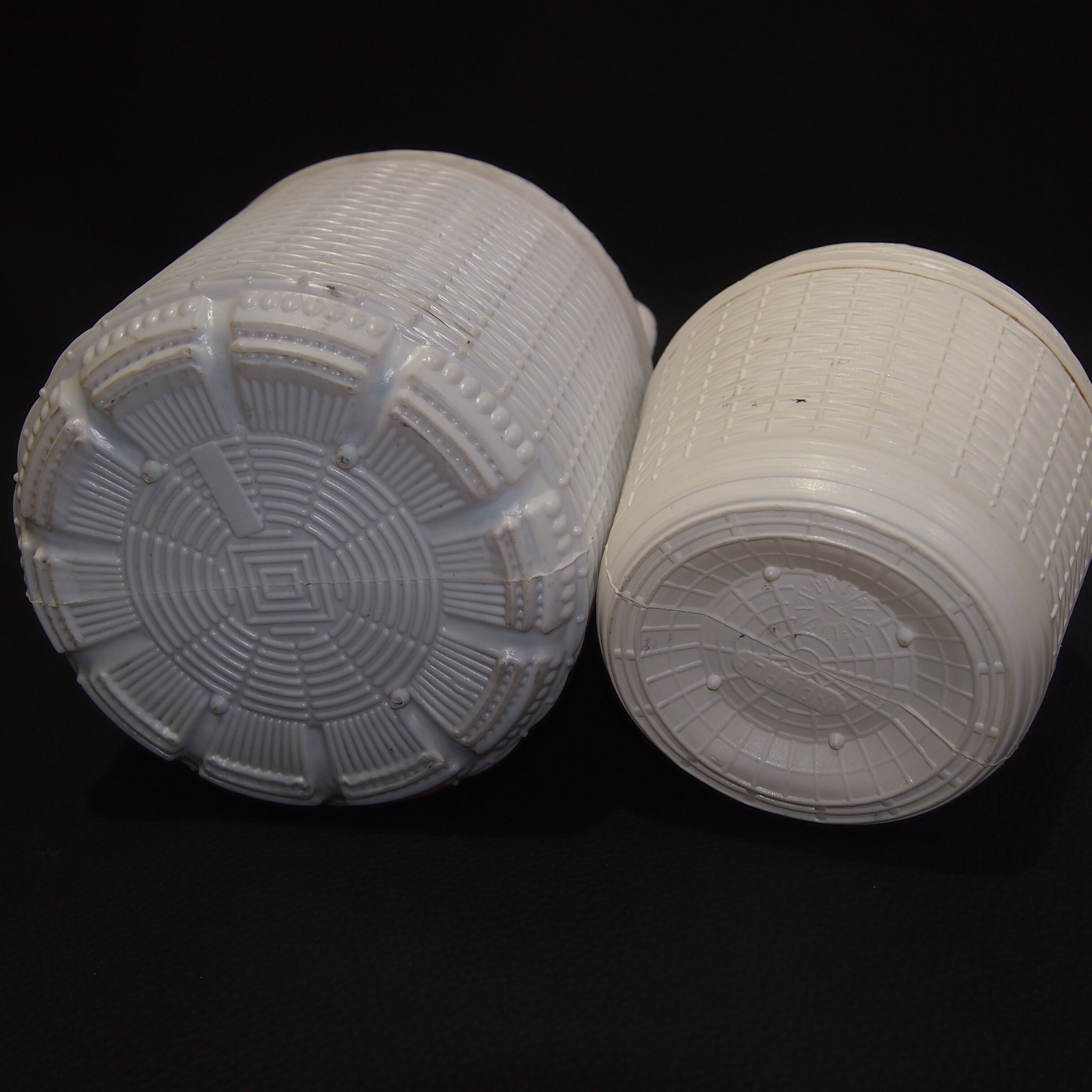 Pair of white covered demijohns