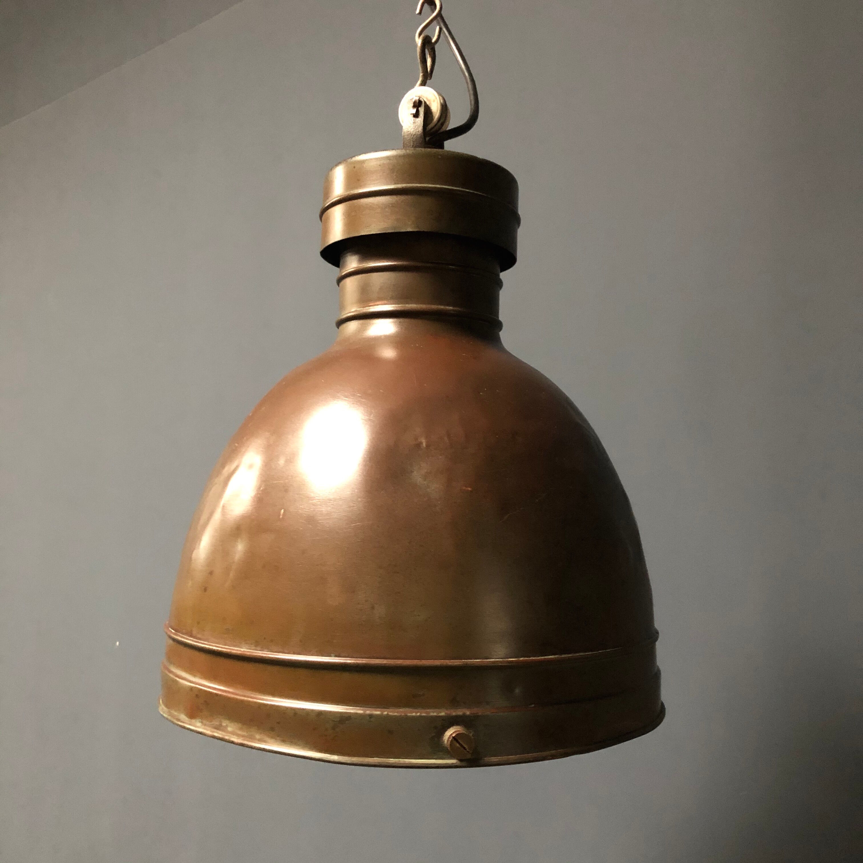 Old copper industrial church pendant light, Dutch 1930