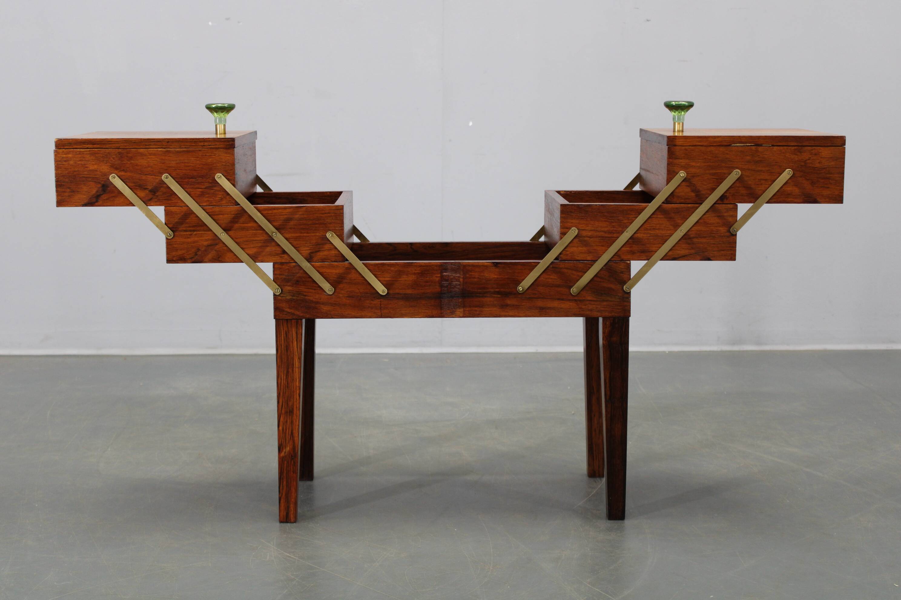 Danish mid-century unfolding sewing box in wood and brass, 1960s