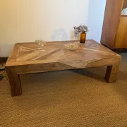 Large coffee table made of solid sheesham wood, with a diamond point marquetry top.