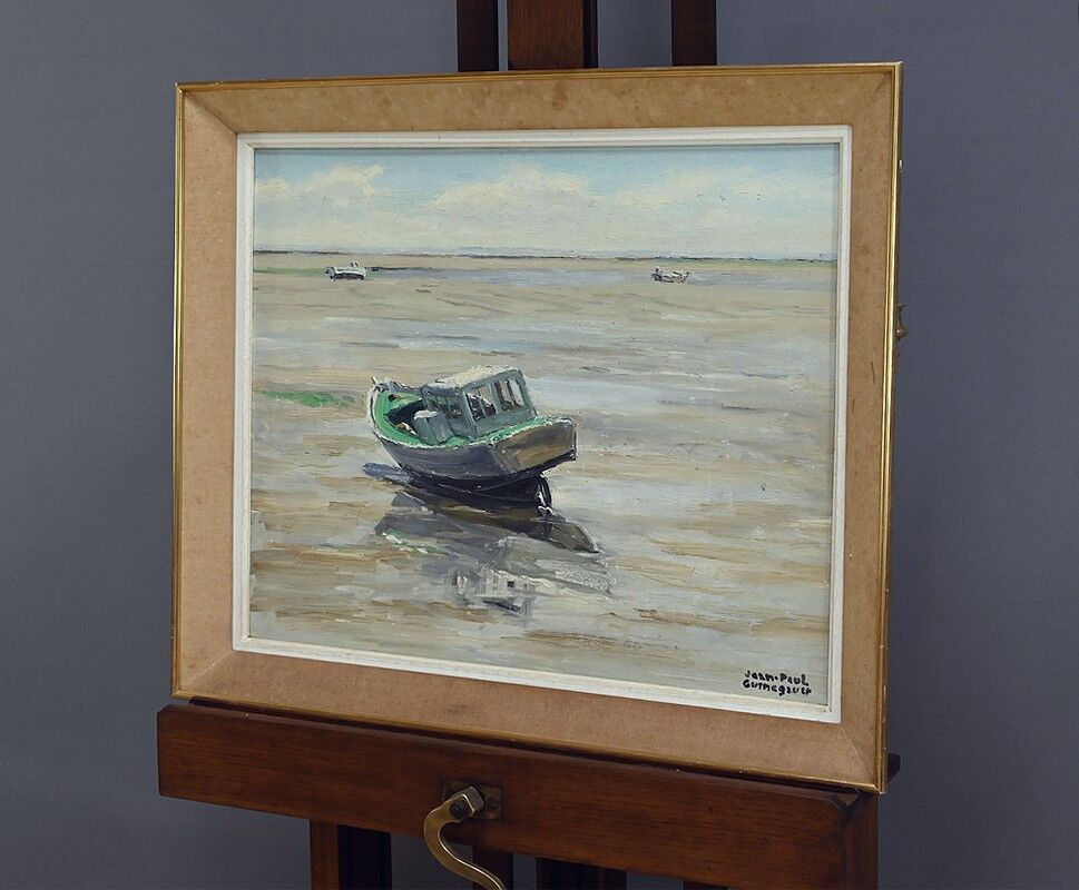 Painting "Boat at Low Tide", signed J-P. Guinegault – 2nd part of the 20th century