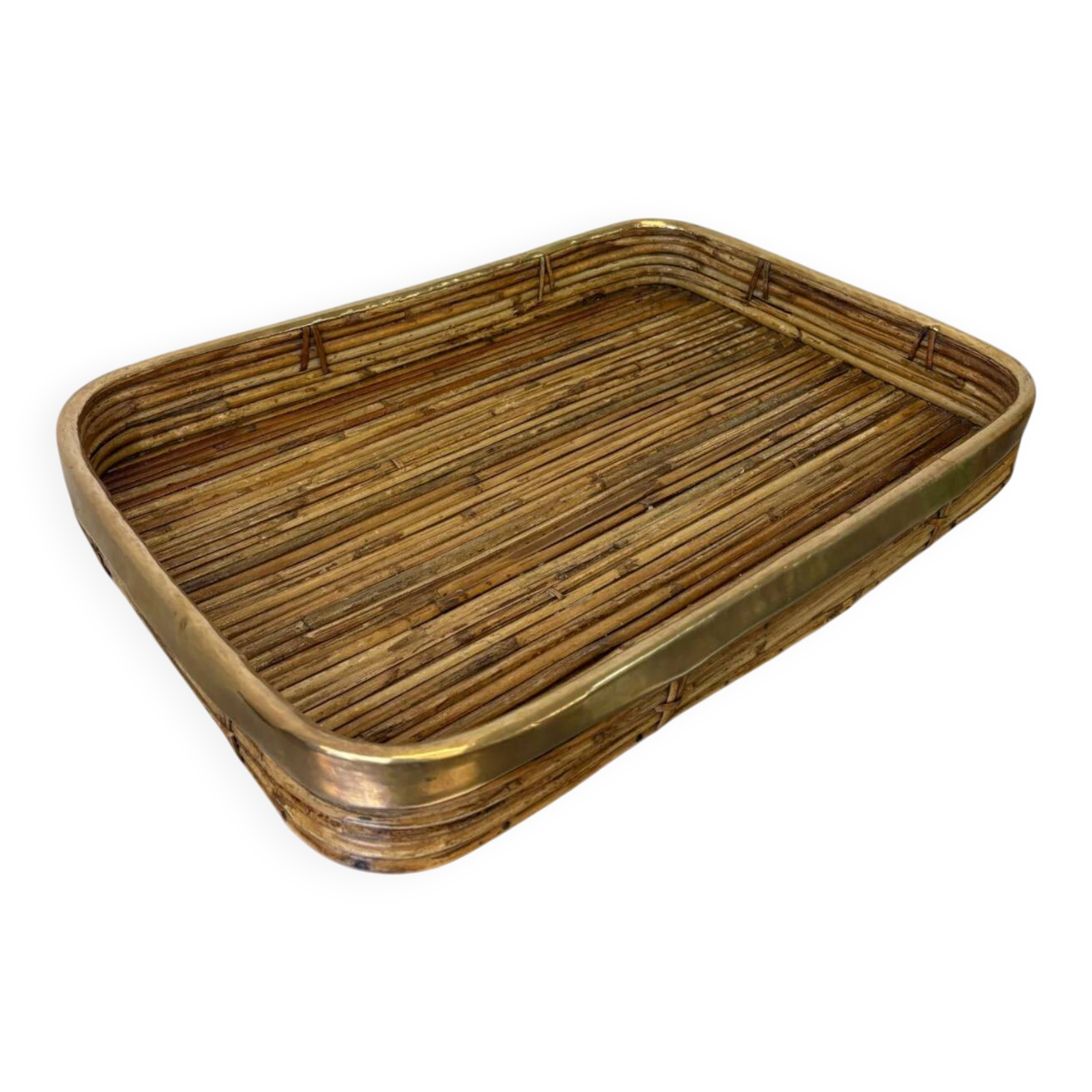 Rattan and brass tray, Italy, circa 1970s