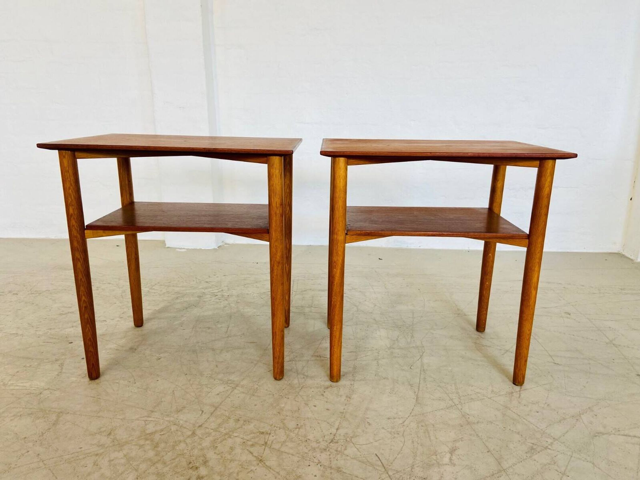Vintage Danish mid-century teak and oak bedside tables by Næstved Møbelfabrik