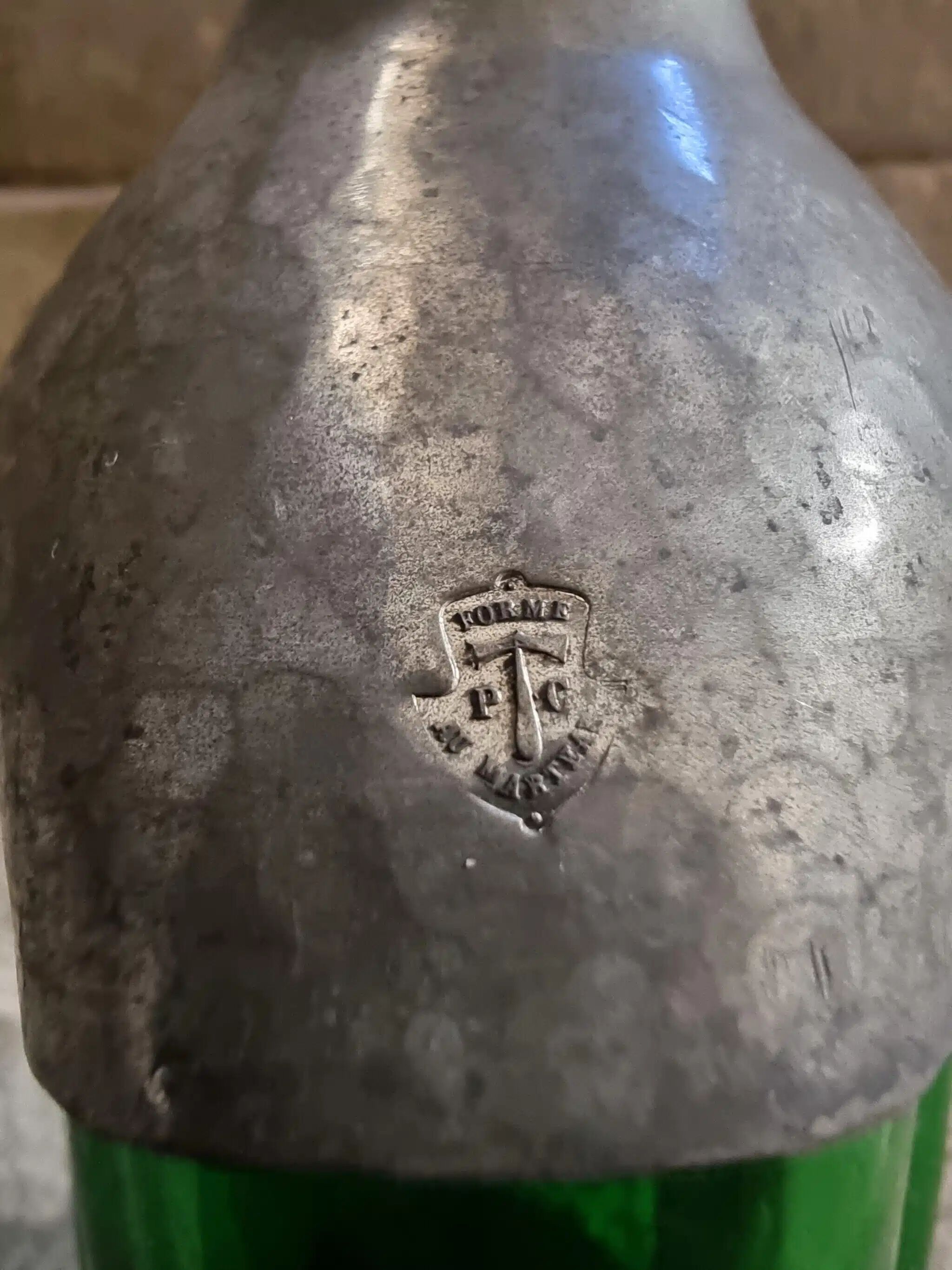 Vintage French green glass and pewter carafe - 1930s handcrafted bottle with stopper