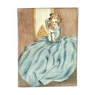 Aquarelle sur papier femme devant miroir en costume 1900