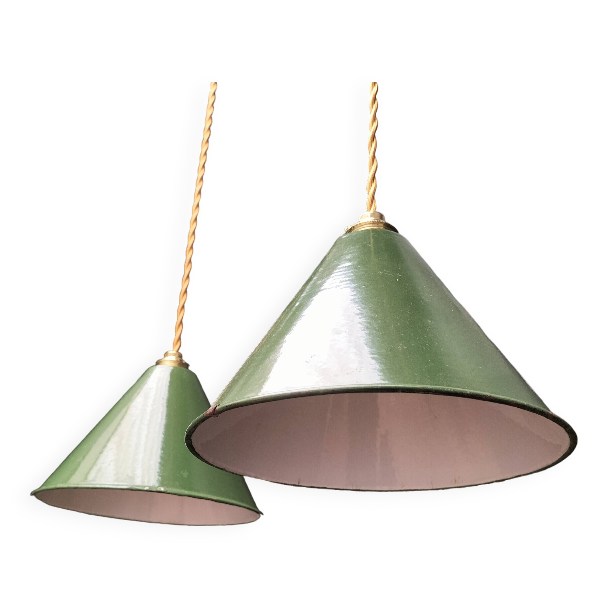 2 enameled sheet metal cone pendants