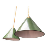 2 enameled sheet metal cone pendants