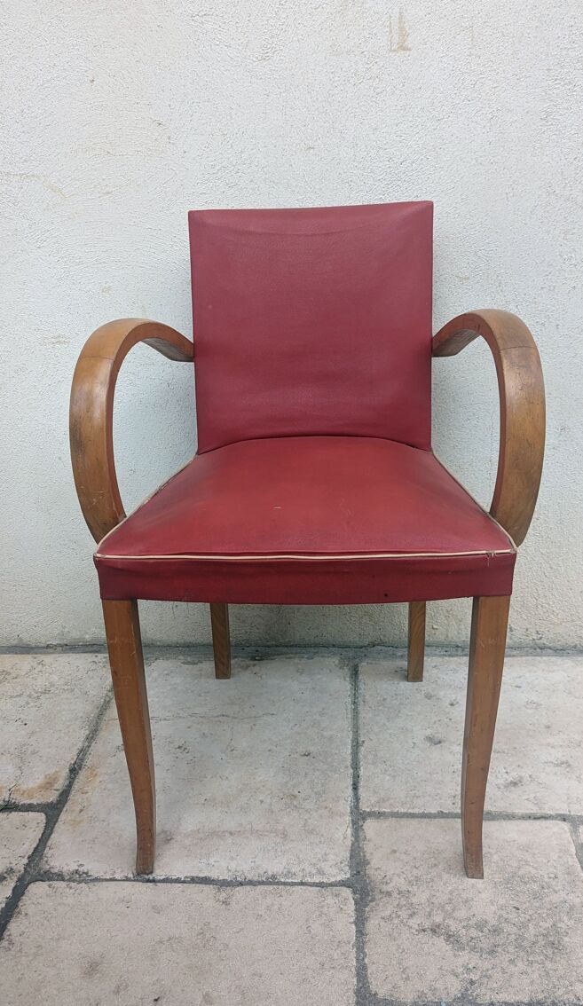 Fauteuil bridge vintage en skaï rouge et bois hêtre années 60 | Selency