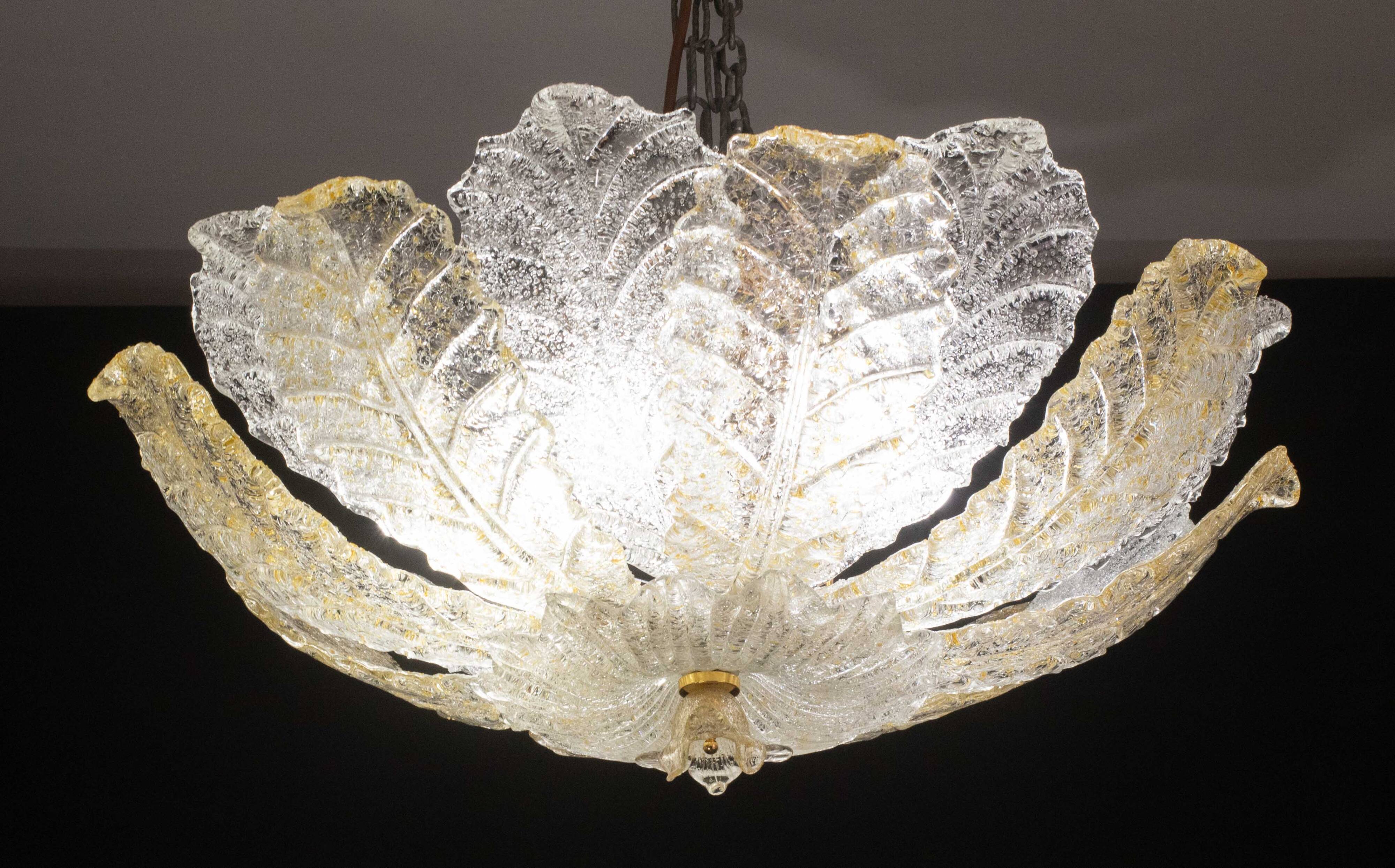 Murano Glass Gold and Transparent Leaves Chandelier or Flush Mount, 1970s