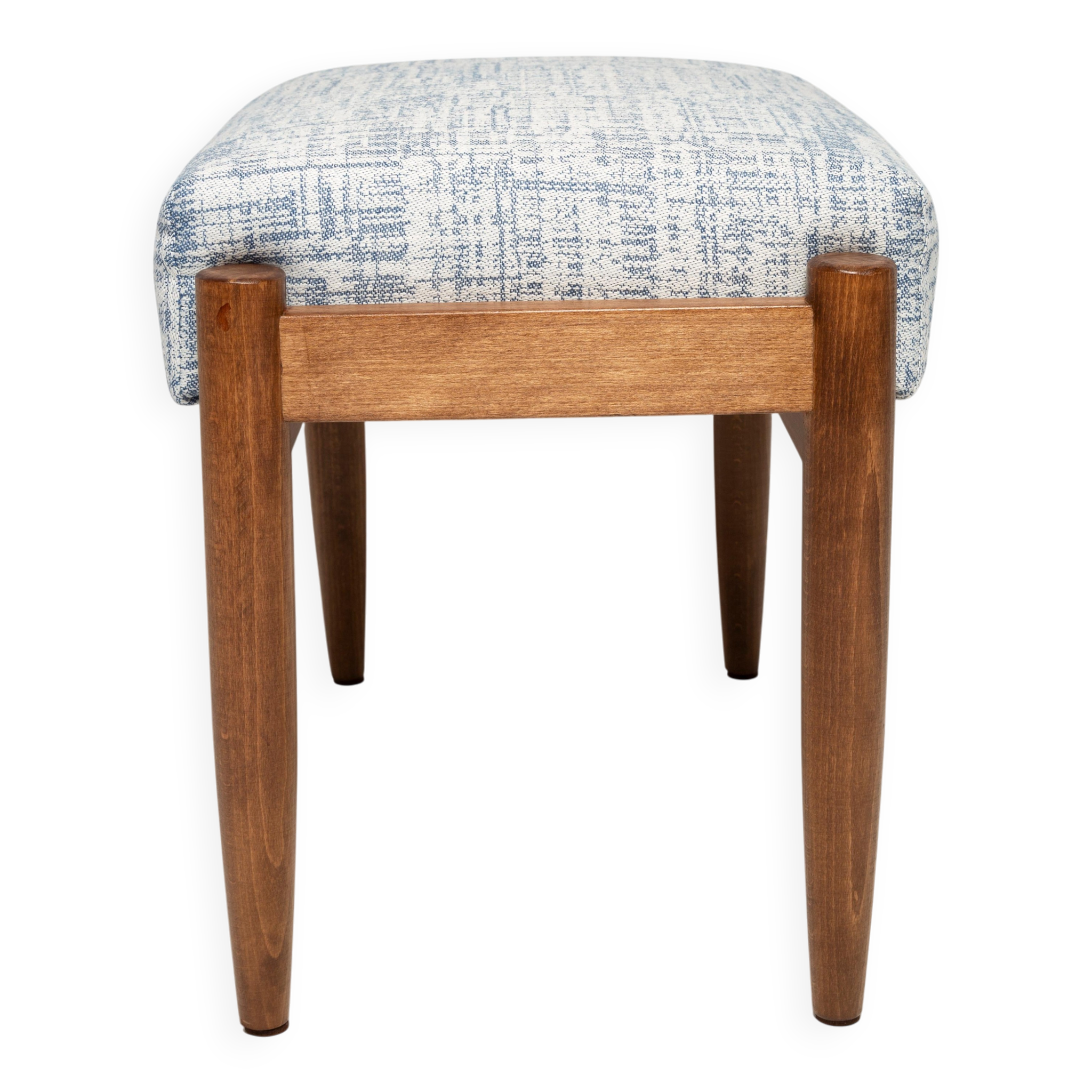 Mid-century vintage stool in white and blue linen, Edmund Homa, Europe, 1960s.