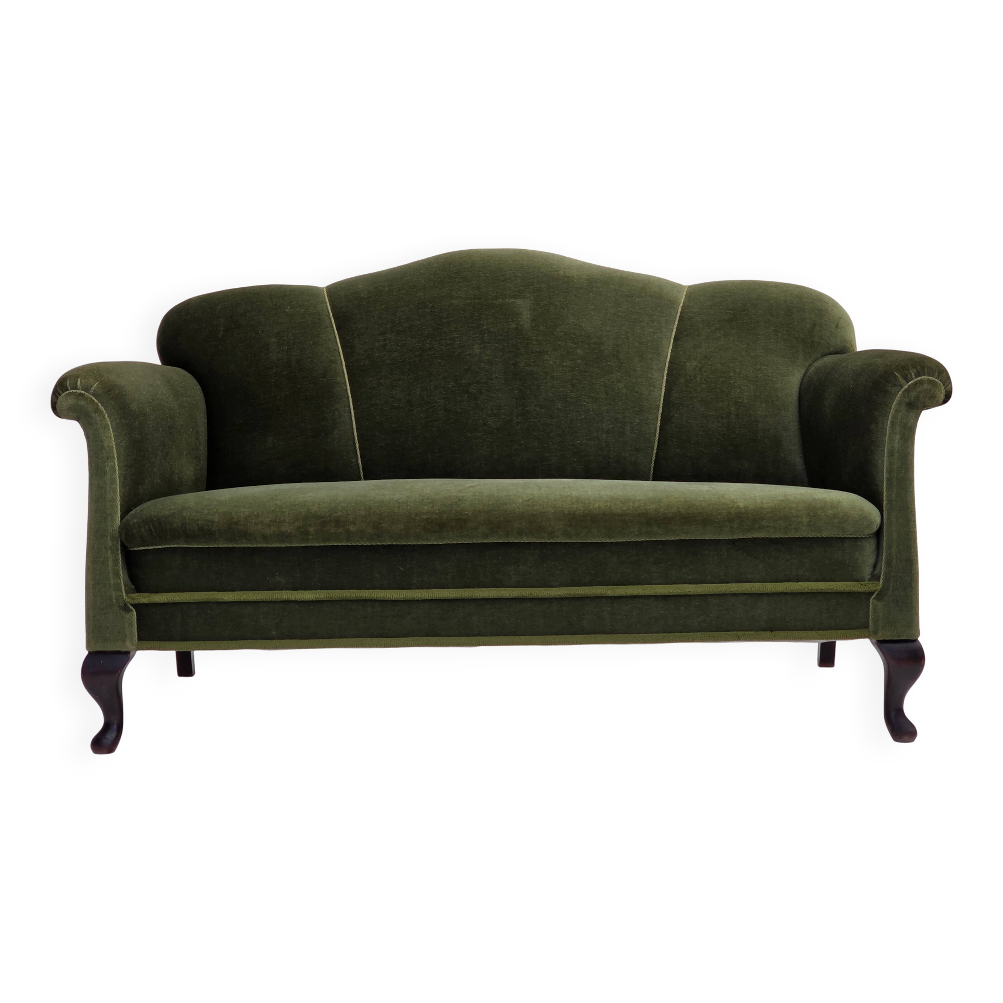 1950s, Danish 2-seater sofa, green furniture velour, ash wood legs.