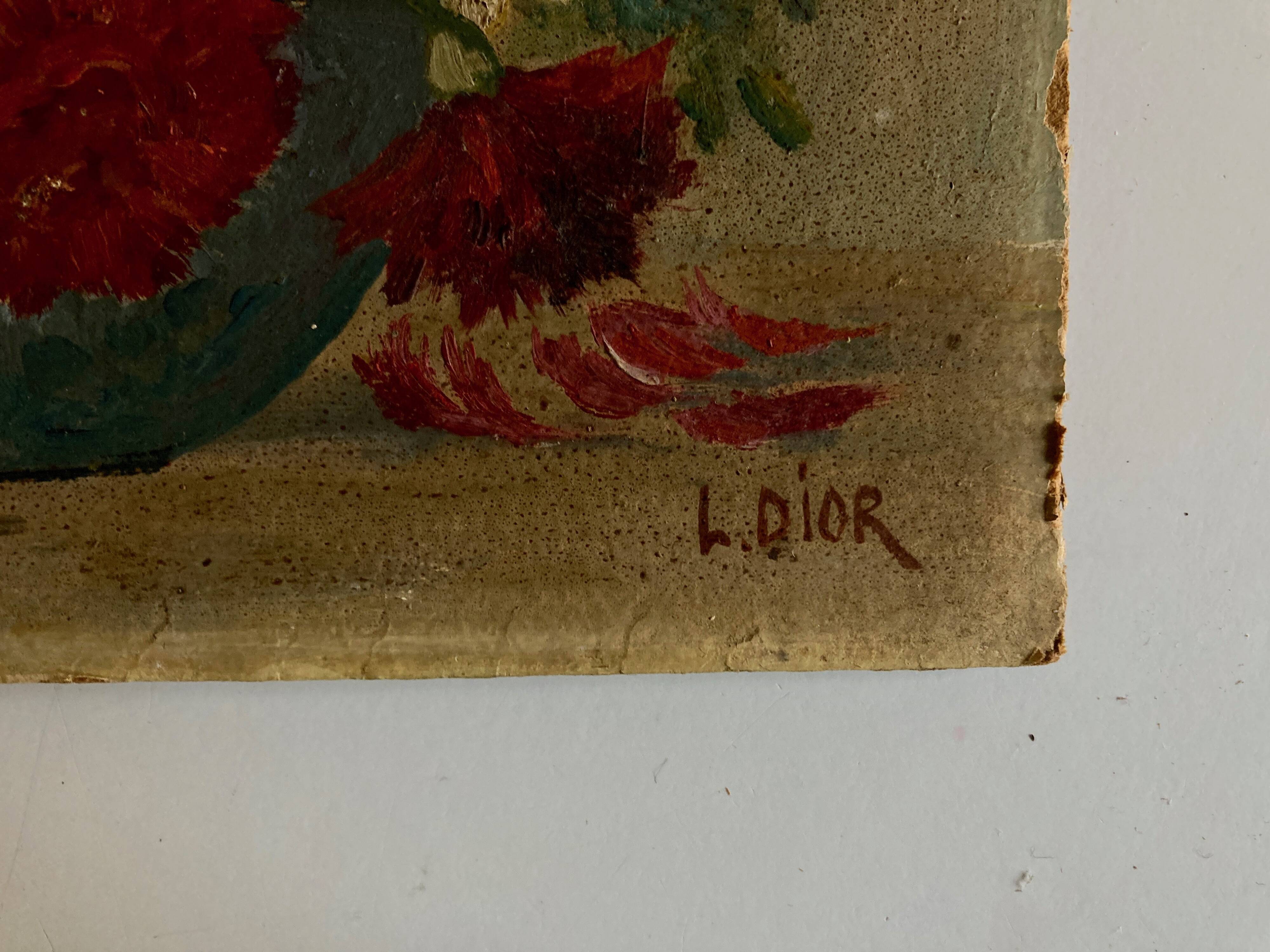 Oil on cardboard signed Dior dahlias 1950