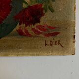 Oil on cardboard signed Dior dahlias 1950