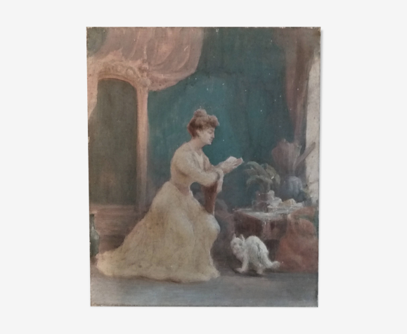 Tableau peinture huile sur toile fonds d'atelier scène de genre