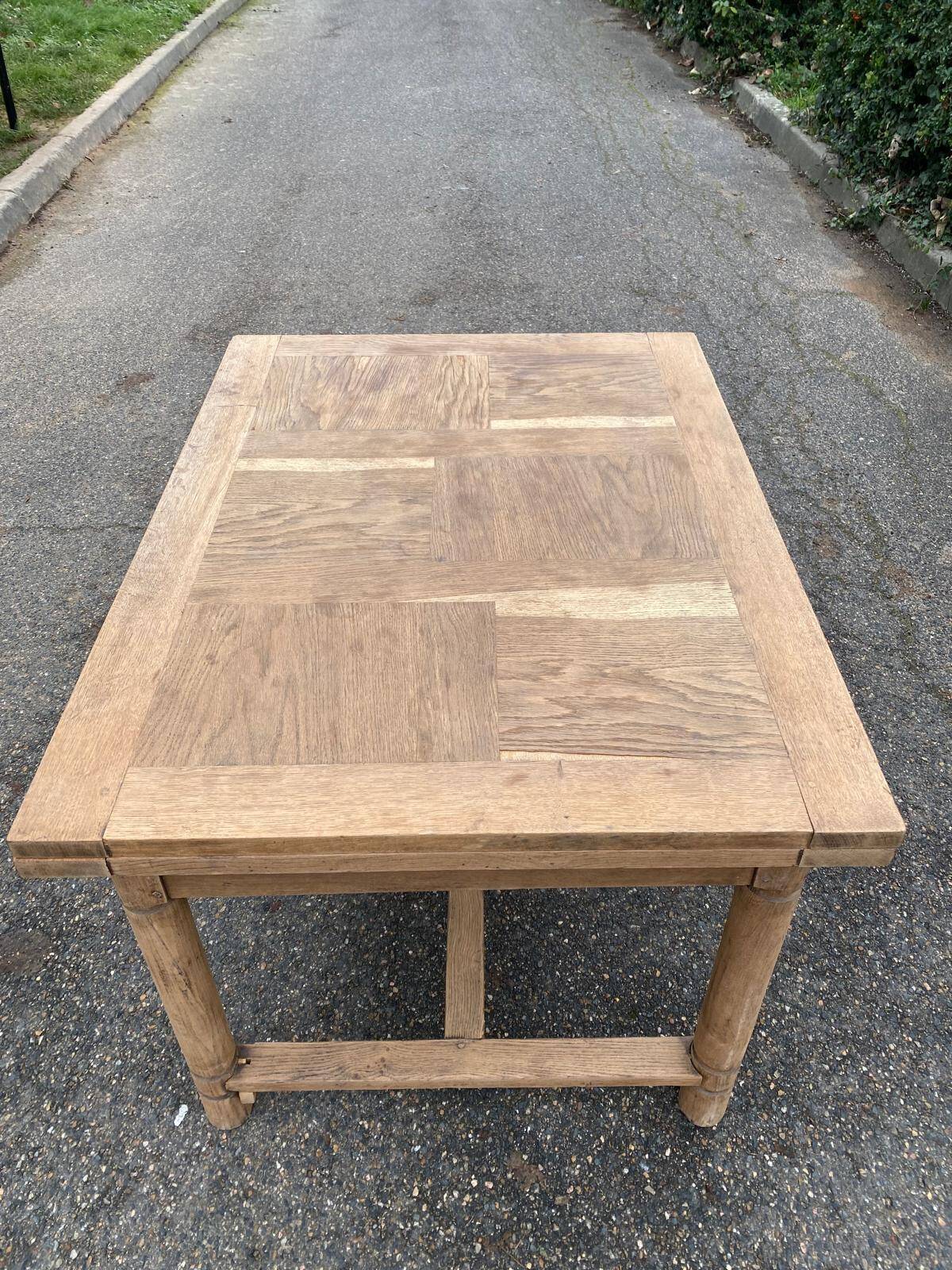 Renovated extendable farmhouse table in raw solid wood and marquetry 210cm