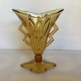 Old yellow glass vase triangular handles diamond base