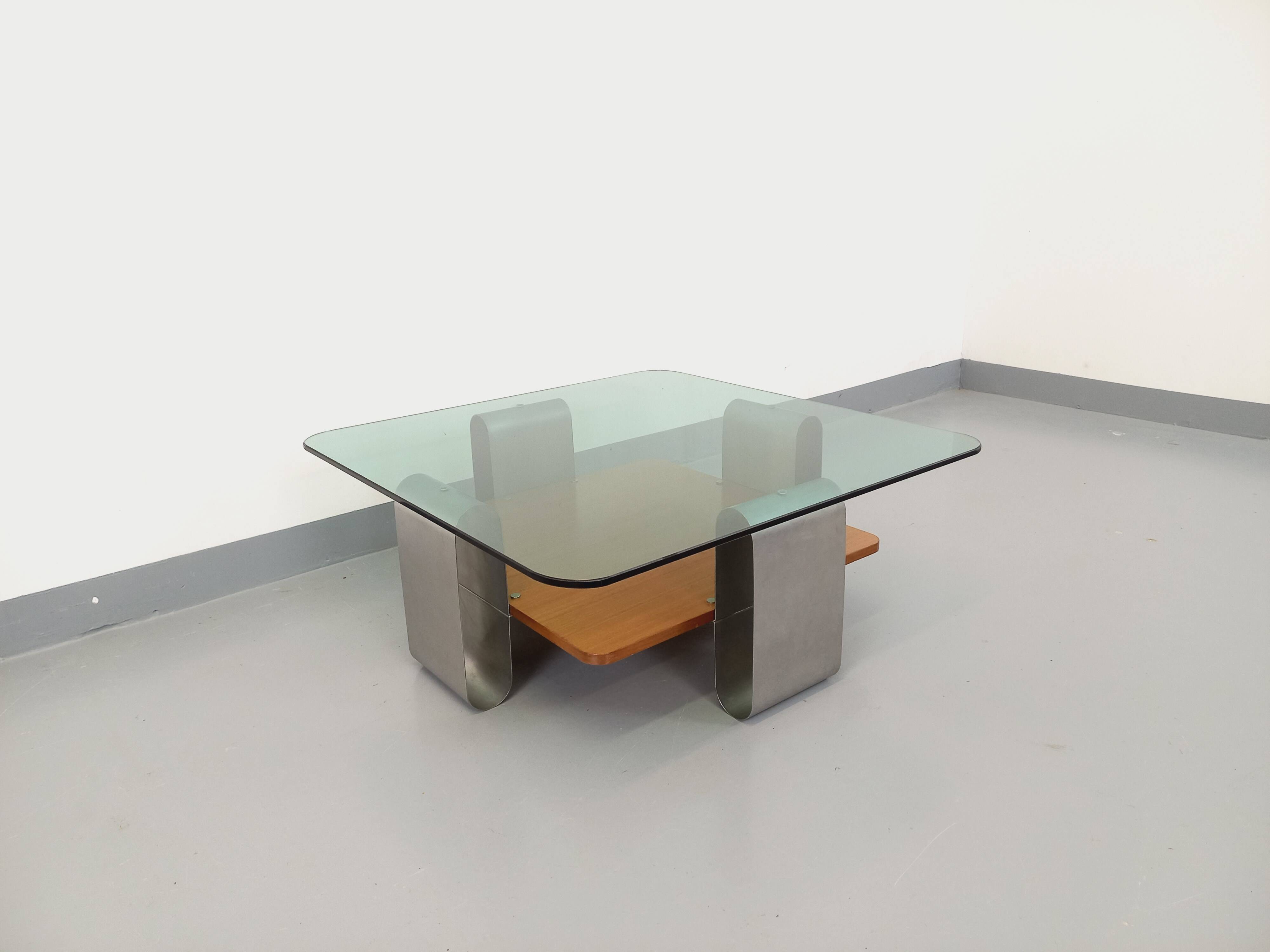 Square coffee table with 2 trays, vintage Space Age style from the 70s, in bluish smoked glass, teak