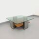 Square coffee table with 2 trays, vintage Space Age style from the 70s, in bluish smoked glass, teak