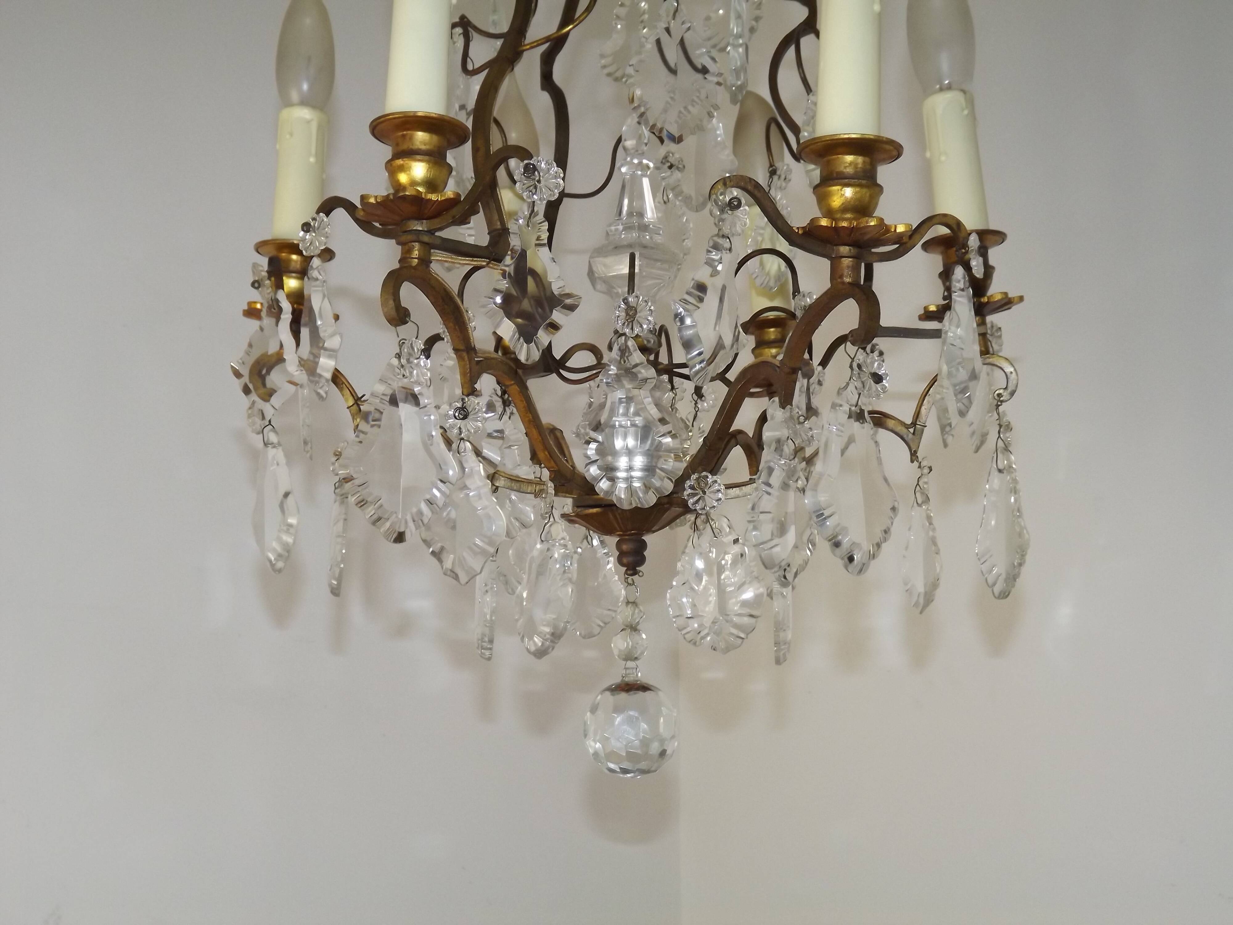 French Bronze and Glass 6 Light Cage Chandelier With Assorted Crystals 5518