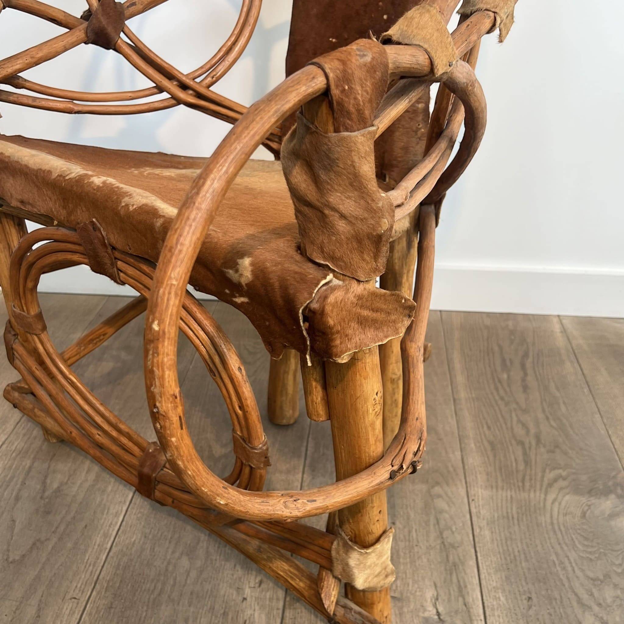 Organic Modernist Armchair in Rattan and Cowhide, Italian Work, A