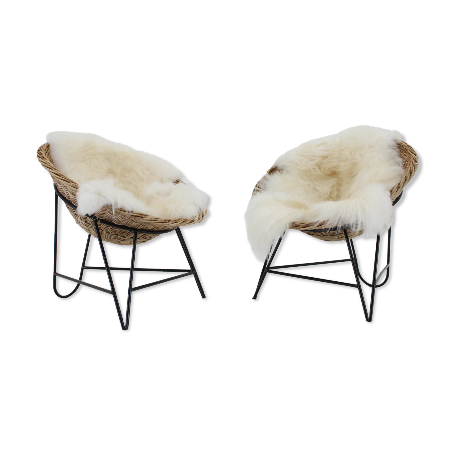 1960s Pair of Rattan Woven Basket Chair with Icelandic Sheepskin