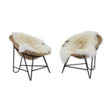 1960s Pair of Rattan Woven Basket Chair with Icelandic Sheepskin
