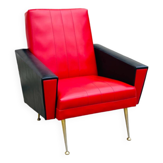 Vintage 1960s lounge chair in faux leather, metal and brass