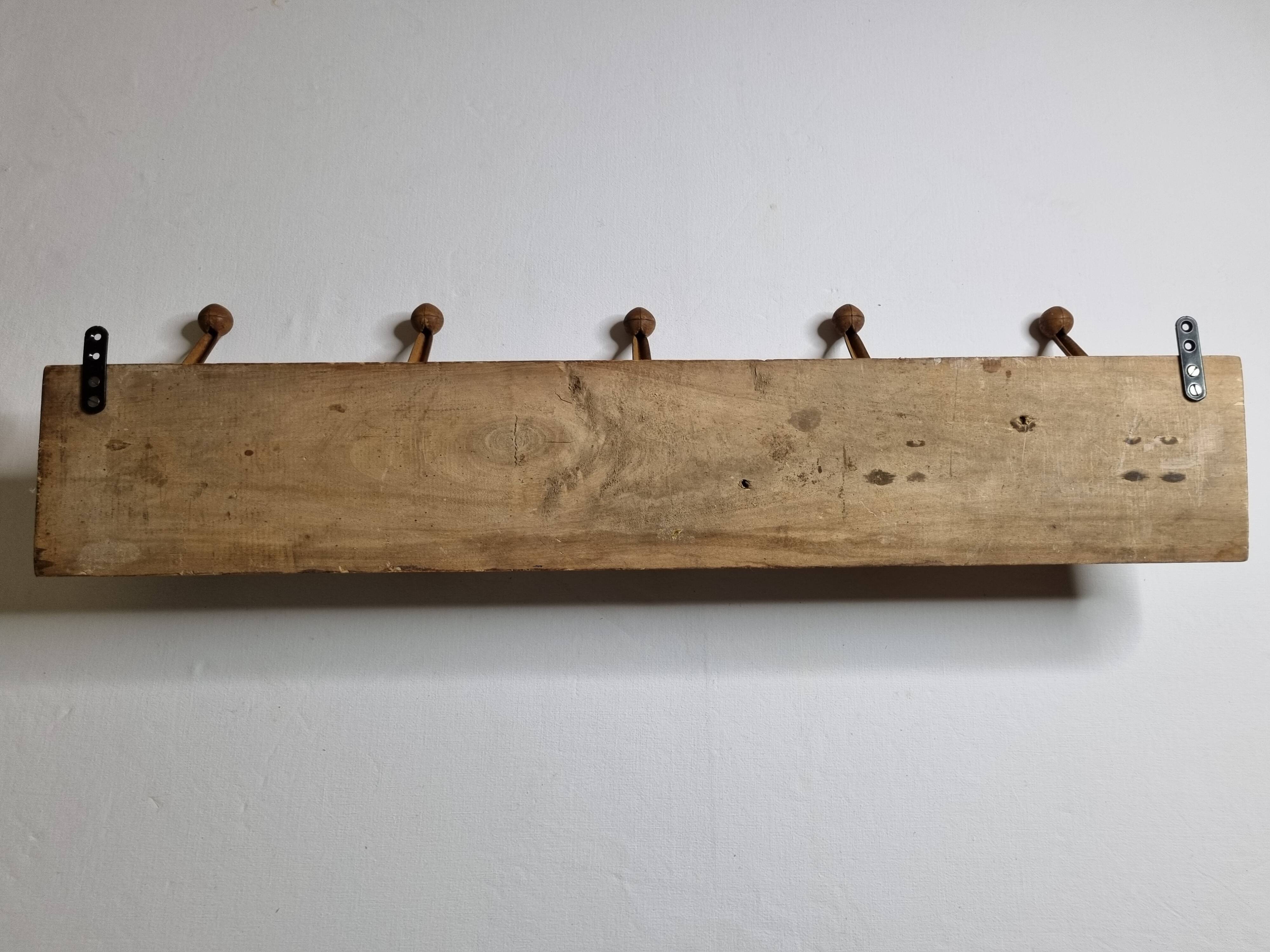 School wall coat rack, old, 5 hooks, 81 cm