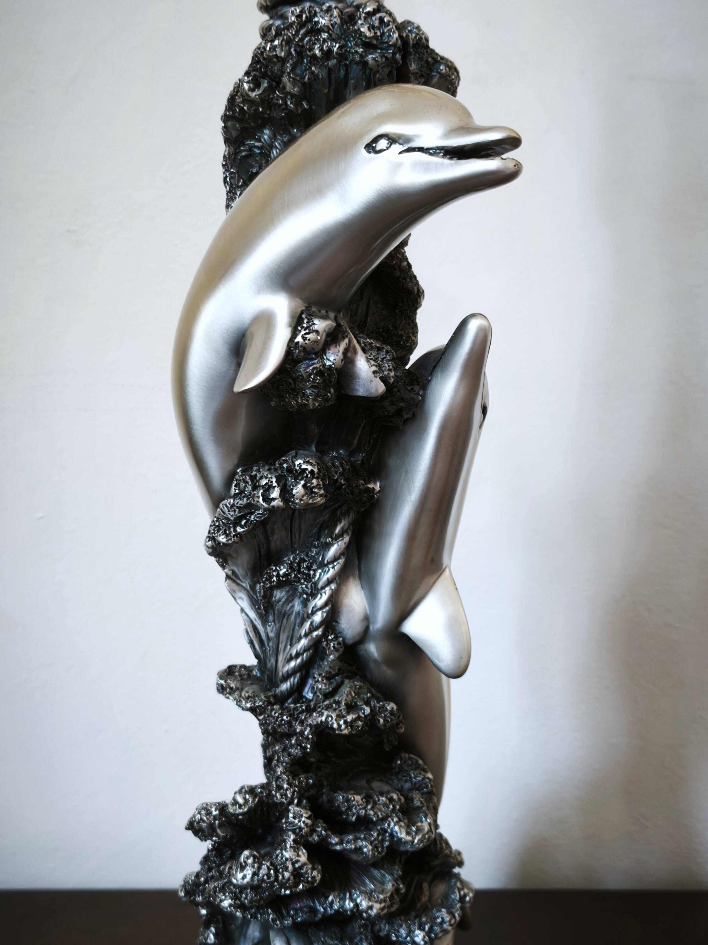 Large sculptural lamp MIDA Argenti silver dolphins Italy