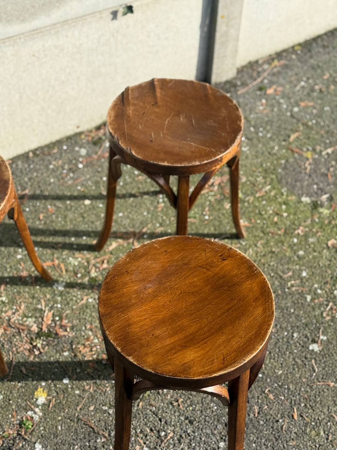Set of four curved wooden stools stamped Baumann model 92.