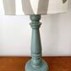 Pair of wooden lamps with custom modernist lampshades.