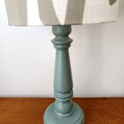 Pair of wooden lamps with custom modernist lampshades.
