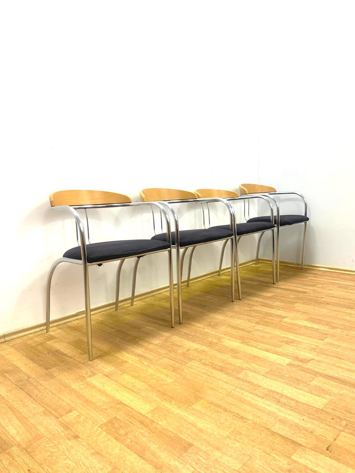 Set of 4 Chrome and Wood Chairs, Italy, 1980s