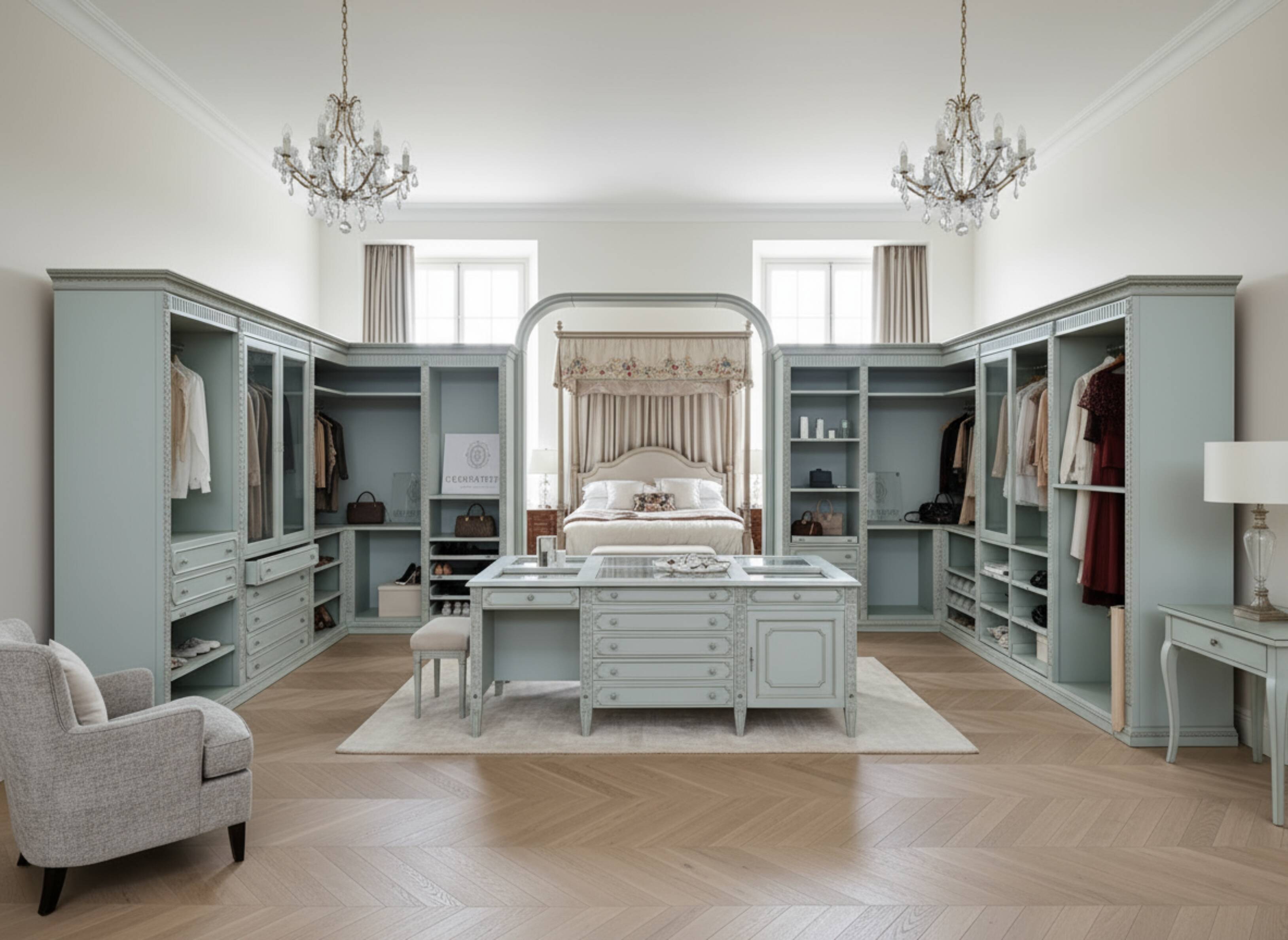 Cabina Armadio Aperta Classica in Tonalità Celeste/Grigio Perla con Isola C