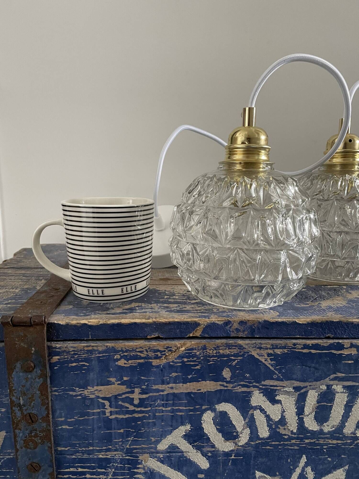 Set of two vintage electrified glass pendant lamps