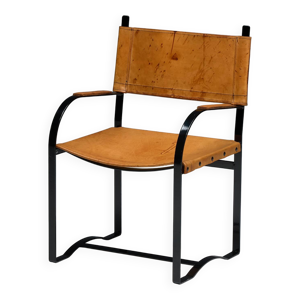 Fauteuil en cuir cognac, - acier